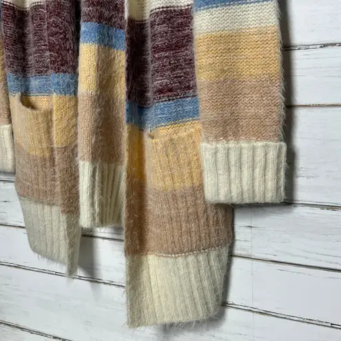 BiBi Fuzzy Eyelash Knit Stripe Cardigan Sweater Cream Open Front Size Large Blue - Image 6