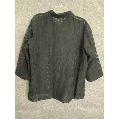 Black Sheer Patterned Button Down Blouse 3/4 Sleeve Floral Overlay Shirt Size L