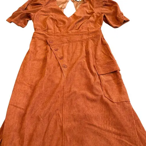 Du Paradis Burnt Orange Corduroy Dress Puff Sleeves Cutout Back Size Medium