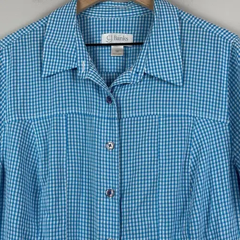 Christopher & Banks Shirt Womens 1X Blue Gingham Check Short Sleeve Button Front