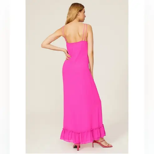 Line and Dot  Adelyn Hot Pink Maxi Slip Dress Square Neck Spaghetti Straps Ruffle L