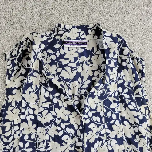 Amanda Smith Pure Silk Top Womens M Navy Blue White Floral Button Up Sleeveless