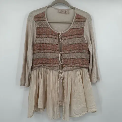 LOGO By Lori Goldstein Embroidered Tunic Top Beige Orange Tie Front Women's L