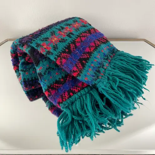Vintage 80s Green Multicolor Fair Isle Stripe Pattern Fringe Knit Winter Scarf Multiple