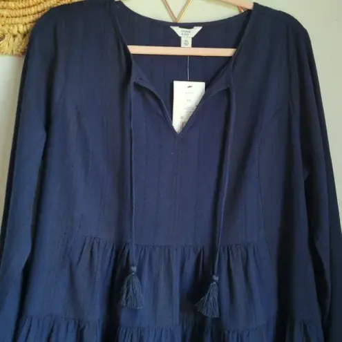 Crown & Ivy, New Navy Blue Embroidered Tassel Peasant Dress Size Large Petite