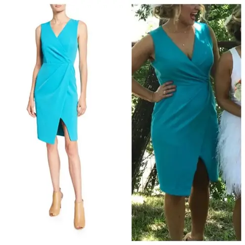 Black Halo Nora Teal Cyan Blue V Neck Sleeveless Sheath Faux Wrap Dress 4