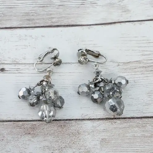 Vintage Clip On Earrings Long Metallic Dangle Silver