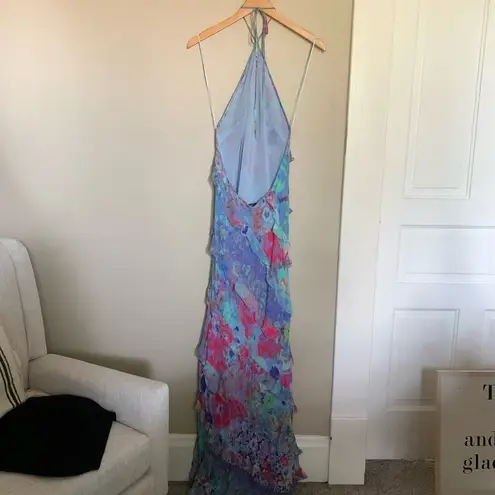 ZARA Bloggers Fav Ruffle Halter Maxi Dress Multicolor Size Large Open Back