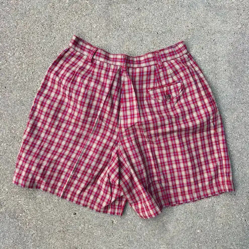 Liz Sport Vintage 90s red tan plaid high waist pleated wide leg mom shorts