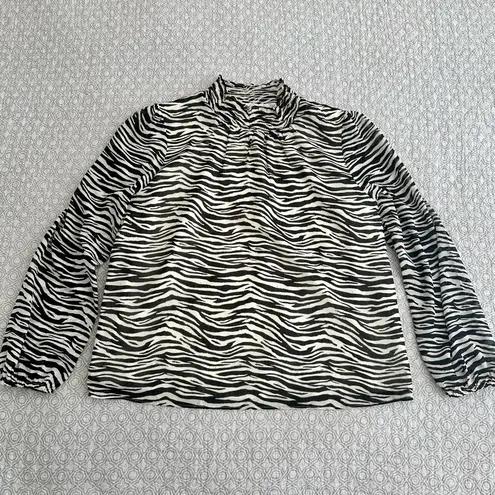 J. Crew Zebra Print Long Sleeve Mock Neck Blouse Ivory Black Lined Size M Size M