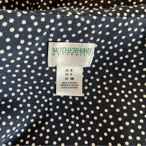Motherhood Maternity Dress Navy White Polka Dot Chiffon Ruffle V-Neck Tie Size S