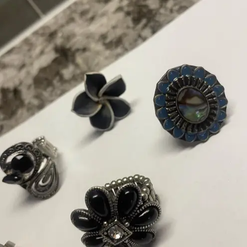 Adjustable Or Stretchy Statement Rings Lot Of 5 Some Have Rhinestone A Flower