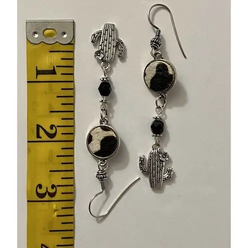 Silver Tone Black Tan Cow Hide Black Glass Cactus Dangle Earrings Handmade NEW