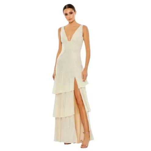 Mac Duggal Starlit Glamour Iridescent Sequin Tiered Ruffle Maxi Gown 12 NEW