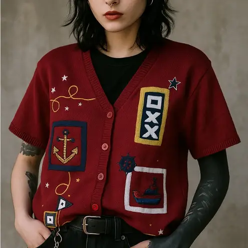 Susan Graver Novelty 4th of July Red White & Blue Nautical Short Sleeve Knit Cardigan Beach L