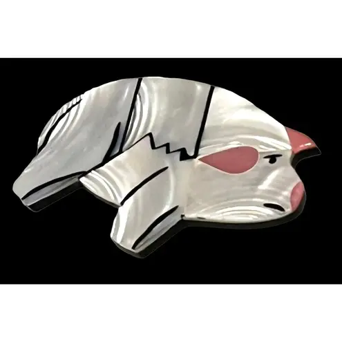 VTG Mother Of Pearl Shell PIG BROOCH 2.5” Pin White Piglet Pink Ears Nose Cheek