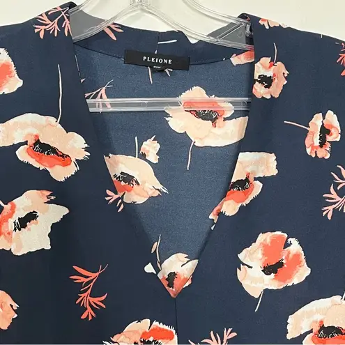 Pleione Henley Blouse Navy Floral Print Shirt