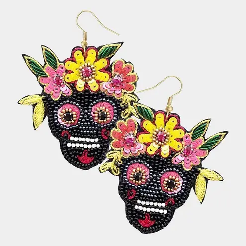 NWT Womens Boutique Felt Back Sequin Seed Bead Sugar Skull Flower Crown Earrings Black