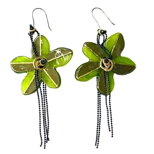 Black Bead VTG Lalo FLOWER EARRINGS 4" Dangle Drop Green Gold Resin Chains