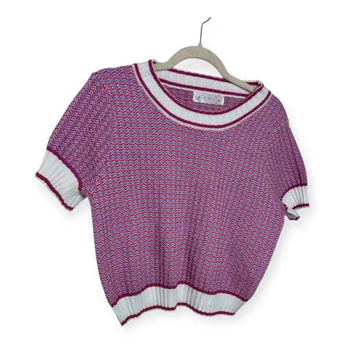 Knit Mix Pink Zigzag Knit Short Sleeve Sweater Retro Mod Preppy Top L Purple Size L