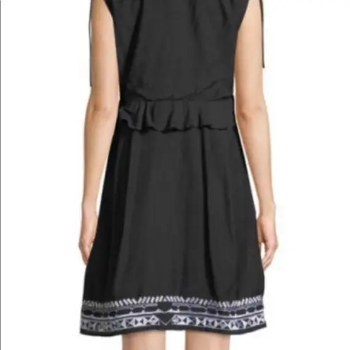 Catherine Malandrino Black Cotton Ruffle Boho Embroidered Shift Dress Large NWT