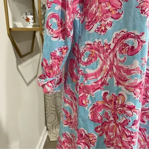 Caribbean Joe Teal Blue & Pink Floral Asymmetric 3/4 Sleeve Dress Size L