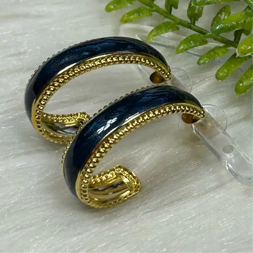 Vintage deep blue sparkles Gold tone hoop Earrings