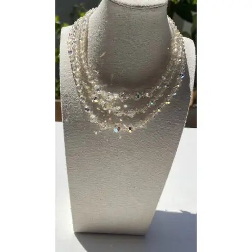 Vintage 3 Strand AB Aurora Borealis Crystal Faceted Beads Style Necklace 15.5” White