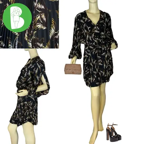 ALC Frank A.L.C. SILK “RORY” PALM LEAF PRINT BLACK & BROWN PLEATED SPLIT SLEEVE DRESS (2)