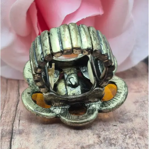None Dark Gold Tone & Amber Color Statement Flower Ring Stretch One Size Boho Hippie