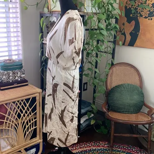 Vintage 80s Lillie Rubin Ivory & Brown Silk Brushstroke Wiggle Midi Dress