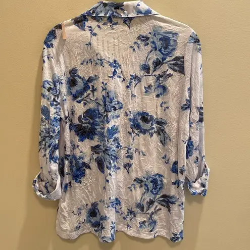 Multiples Soft Lightweight Button Up White Blue Floral Crinkle Shirt MP