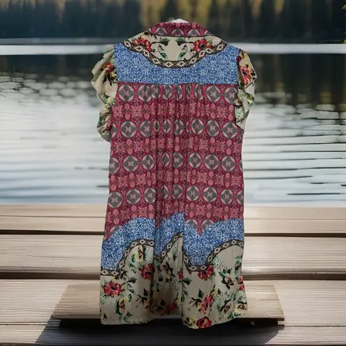 Mix Print Floral Shirtdress Ruffle Sleeve Button Down Boho Hippy Retro L? Yellow Size L