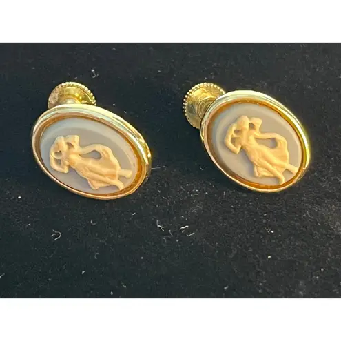 VTG Longcraft Dancing Girl Cameo French Style Earrings Screwback Coquette Blue