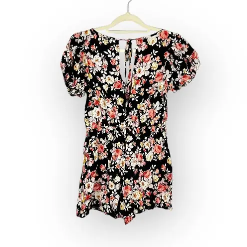 Louna Puff Sleeve Romper Women's Medium Black Floral V