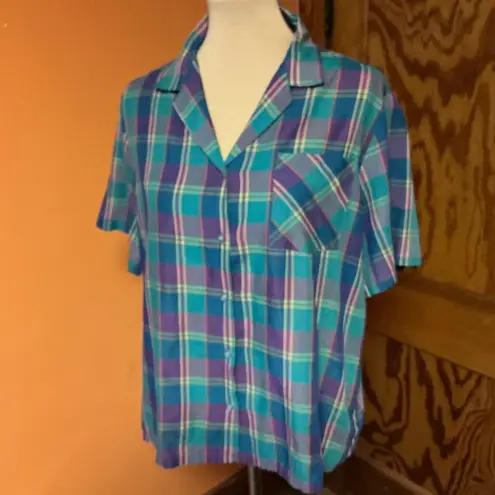 Vtg 70s Colorful Plaid Button Down Shirt Size L