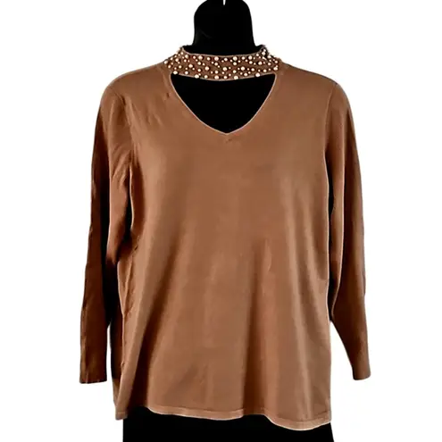 Belle Kim Gravel Faux Pearl Beaded Choker CutOut Sweater Size 3X NWOT Tan