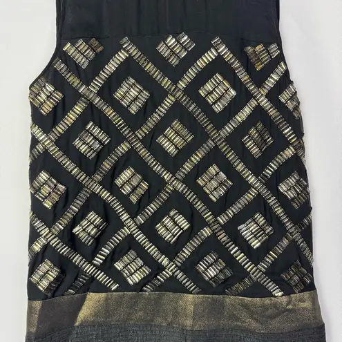 Ali Ro Black & Gold Beaded Diamond Silk Mini Shift Dress 0