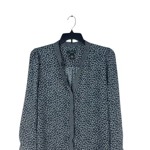 Grace The Perfect Fit 1X Navy Floral Print Button Up Split Neck Long Sleeve Top Blue