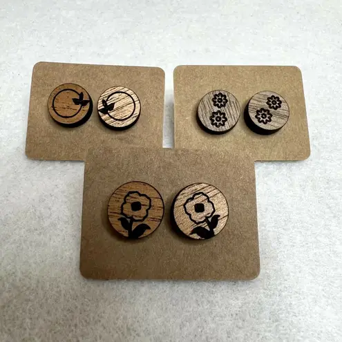 3 Pack Wooden Engraved Stud Earrings Brown