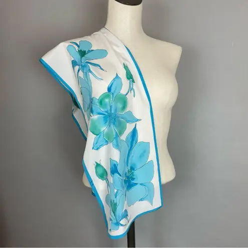 Vintage Vera Neumann Scarf Floral Rectangular White Bright Blue‎ Delicate Long Blue