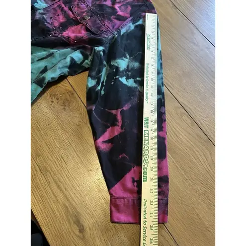 H&J Women Size 1X Water Color Print Denim Jean Jacket Artsy Buttons Cotton City