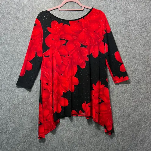 Clara Sunwoo Red Floral Tunic Top M Handkerchief Hem 3/4 Sleeve Made in USA Black Size M