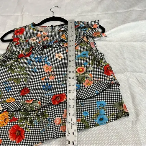 ZARA  Black & White Gingham Flora Asymmetrical Ruffle Hem Top