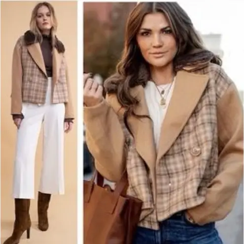 Rachel Parcell  Double Breasted Tan Iced Coffee Plaid Jacket Wool Blend Size XS