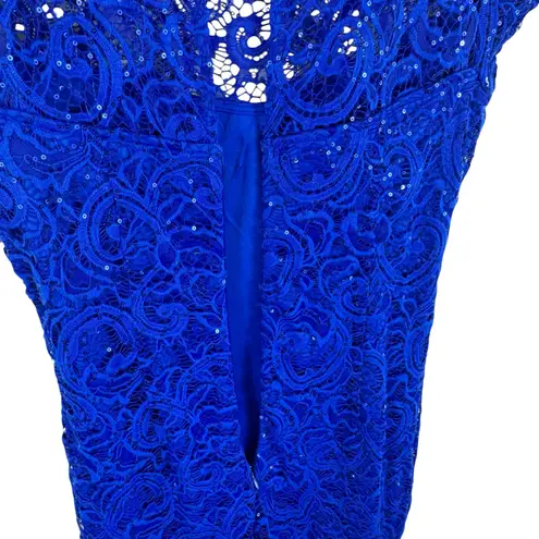 Marina Cobalt Blue Nylon Lace Sequin Cap Sleeve Lined Midi Sheath Dress Size 6