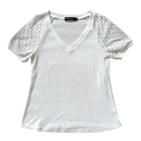 Merokeety Waffle Knit Lace Sleeve Top