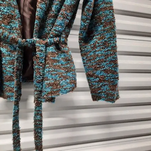 Erin London Jacket Women's Medium Brown Blue Long Sleeve Fuzzy Belted Blazer