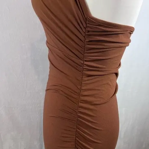 Chocolate brown plunging cross Vneck ruched bodycon halter dress size small NWOT