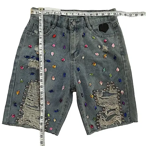 Bling colorful rhinestones distressed glamorous grunge punk Denim shorts NWT L Size L